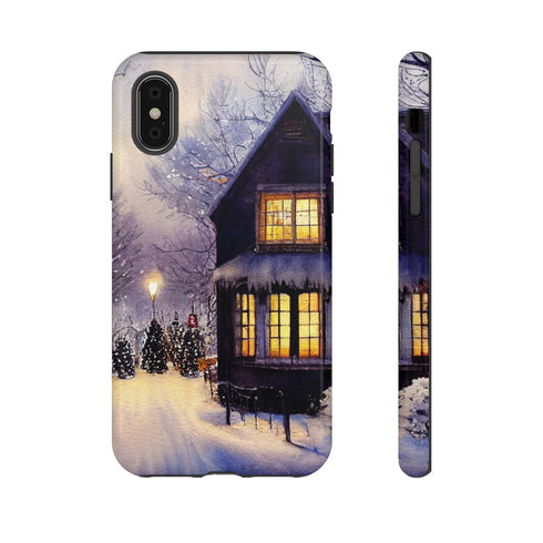 Glowing Homes in the Snow with Christmas Decorations - Impact Resistant Phone Case iPhone X Glossy